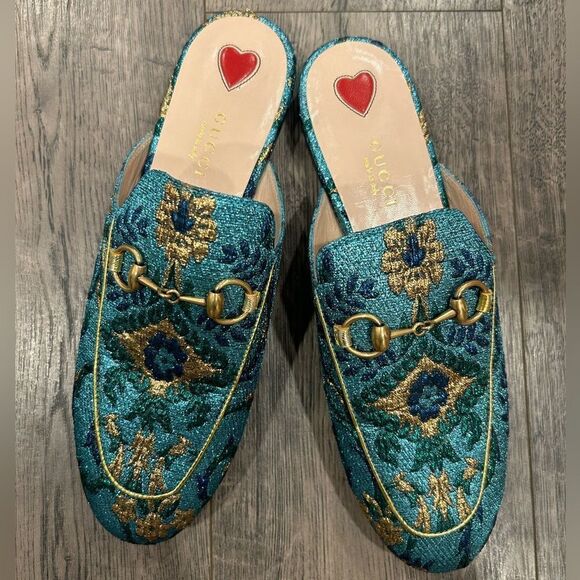 Gucci Princetown Slipper Slides Blue Gold Horsebit Mules - Picture 2 of 10